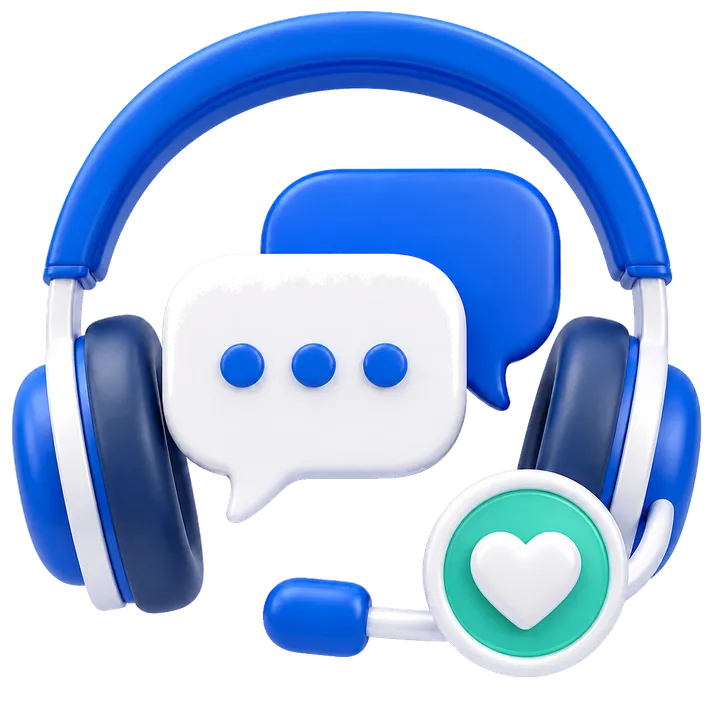 Icon: support headset with chat bubbles and a checkmark